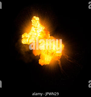 Realistische feurige Explosion mit Funken über einen schwarzen Hintergrund Stockfoto