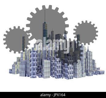 3d Skyline der Stadt mit Teamarbeit Zahnräder isoliert auf weißem Hintergrund gerendert Stockfoto