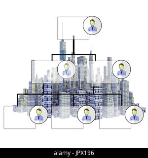 3d Skyline der Stadt mit Organigramm isoliert auf weißem Hintergrund gerendert Stockfoto