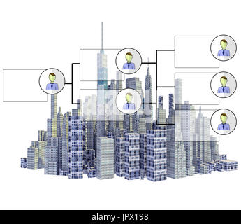 3d Skyline der Stadt mit Organigramm isoliert auf weißem Hintergrund gerendert Stockfoto