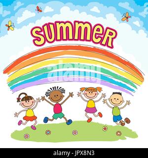 Kinder mit Freude auf einer Wiese unter Regenbogen, bunten Cartoon-Vektor, Sommer Text springen Stock Vektor