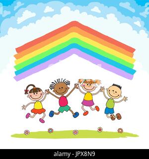 Kinder mit Freude auf einer Wiese unter Regenbogen Dach springen, isoliert bunten Cartoon-Vektor Stock Vektor
