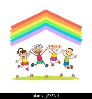 Kinder mit Freude auf einer Wiese unter Regenbogen Dach springen, isoliert bunten Cartoon-Vektor Stock Vektor