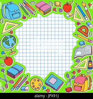 Bunner grünen Zelle Blatt im Käfig mit verschiedenen Schule Dinge Tasche Apple-Vektor-illustration Stock Vektor