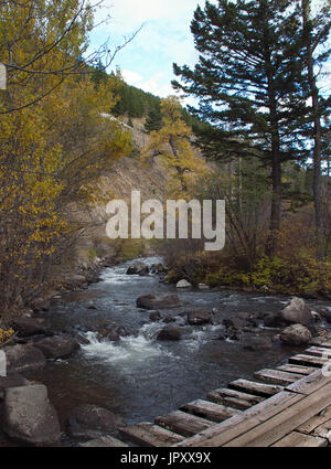 verlassene Brücke über Gebirgsbach in den Rocky Mountains Stockfoto