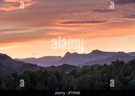 Panorama Landschaft von Langdale Pikes und Lakeland Fells in der Dämmerung von den Hügeln über Edinburgh in der Nähe von Tarn Hows im englischen Lake District Stockfoto