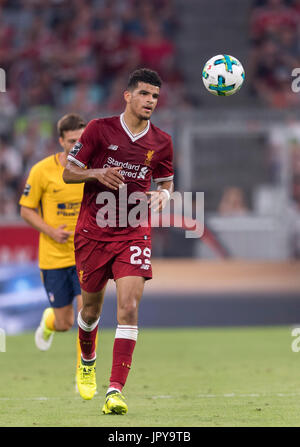 München, Deutschland. 2. August 2017. Dominic Solanke (Liverpool) Fußball: Audi Cup 2017 Final match zwischen Liverpool FC 1 (4-5) 1 Atletico de Madrid in der Allianz Arena in München. Bildnachweis: Maurizio Borsari/AFLO/Alamy Live-Nachrichten Stockfoto