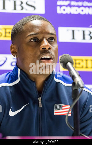 London, UK. 3. August 2017. London, 3. August 2017. Christian Coleman, Pressekonferenz 2016 Rio Olympian & 2017 100 m weltweit führend bei Team USA vor der IAAF Weltmeisterschaften London 2017 im London Stadium. Bildnachweis: Paul Davey/Alamy Live-Nachrichten Stockfoto