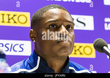 London, UK. 3. August 2017. London, 3. August 2017. Christian Coleman, Pressekonferenz 2016 Rio Olympian & 2017 100 m weltweit führend bei Team USA vor der IAAF Weltmeisterschaften London 2017 im London Stadium. Bildnachweis: Paul Davey/Alamy Live-Nachrichten Stockfoto