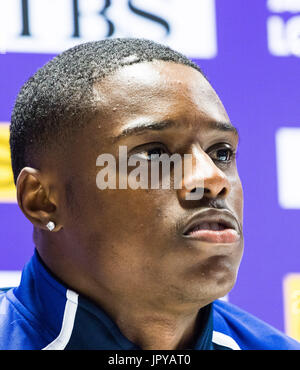 London, UK. 3. August 2017. London, 3. August 2017. Christian Coleman, Pressekonferenz 2016 Rio Olympian & 2017 100 m weltweit führend beim Team USA vor der IAAF Weltmeisterschaften London 2017 im London Stadium. Bildnachweis: Paul Davey/Alamy Live-Nachrichten Stockfoto