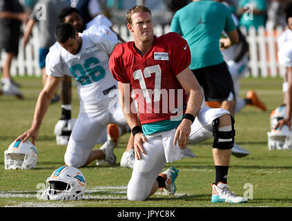 Davie, FL, USA. 3. August 2017. FL-sp-Delphine-20170803-7 Miami Dolphins quarterback Ryan Tannehill erstreckt sich vor Beginn des Trainings-Camp, wo er eine Verletzung früh in am Donnerstag erlitt, Praxis in Davie.During das Team zunächst auf 11 11 Sitzung Tannert gepolstert, Miamis Starter für die letzten fünf Saisons, kletterte auf der rechten Seite und fiel am Ende seiner ersten nach unten laufen. Er fiel in eine Gruppe von Spielern und offenbar chirurgisch reparierte linke Knie geschnallt. Stockfoto