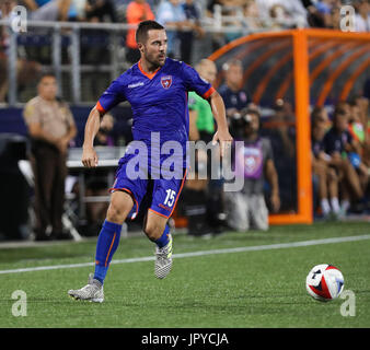 2. August 2017: Miami FC Verteidiger Hunter Freeman (15) in Aktion während einer Lamar Hunt US Open Cup Viertelfinal-match zwischen FC Cincinnati Vs Miami FC im Riccardo Silva Stadium in Miami, Florida. FC Cincinnati gewann 1: 0. Mario Houben/CSM Stockfoto