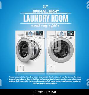 Laundry Room Realisic Vektor-Illustration auf blauem Hintergrund.  Vorlage zu decken.  Banner-Design. Stock Vektor