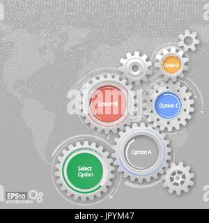 Vektor-Illustration von Zahnrädern mit auf dem grauen Hintergrund. Infografik-Vektor-Vorlage. 4 Stufen.  EPS10 Stock Vektor