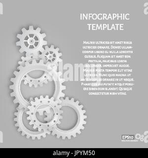 Vektor-Illustration von realistischen 3d Zahnrädern auf grauem Hintergrund. Infografik-Vorlage. Covergestaltung. Platz für Text. 10 EPS-Vektor-Illustration. Stock Vektor
