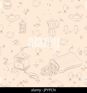 Kaffee Attribute Musterdesign Hand gezeichnet. Kaffee Skizze Hintergrund Stock Vektor