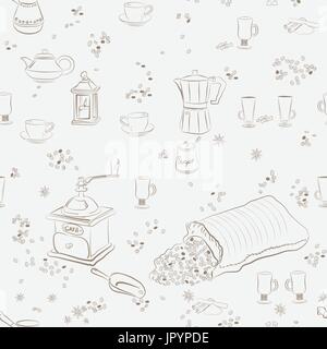 Kaffee Attribute Musterdesign Hand gezeichnet. Kaffee Skizze Hintergrund Stock Vektor