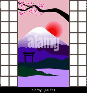 Landschaft mit Mount Fuji, Torii, Kirschblüten und Sonnenaufgang vor dem japanischen Fenster. Vektor-illustration Stock Vektor