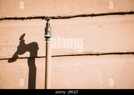 Ein einzelner Zapfen oder tippen oder Wasserhahn, gegen eine Wand Holz in direktem Sonnenlicht Stockfoto