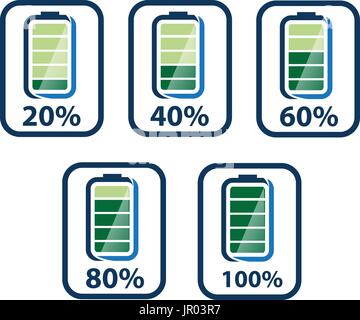 Satz von Batteriesymbole mit Prozent Raten, Icon-Design, isoliert auf weißem Hintergrund. Stock Vektor