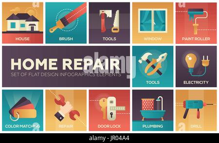 Hauptreparatur - Vektor-modernes flaches Design-Ikonen-set Stock Vektor