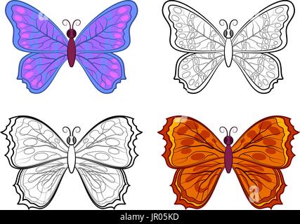 Kontur und bunte Schmetterlinge Stock Vektor