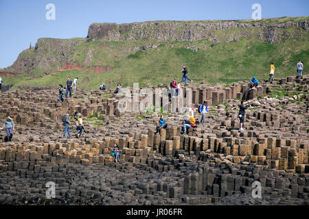 Touristen klettern Basaltsäulen am Giant's Causeway Causeway Coast mit Port Reostan Aussichtspunkt im Hintergrund Antrim Nordirland Stockfoto