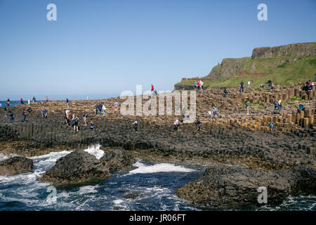 Touristen klettern Basaltsäulen am Giant's Causeway Causeway Coast mit Port Reostan Aussichtspunkt im Hintergrund Antrim Nordirland Stockfoto