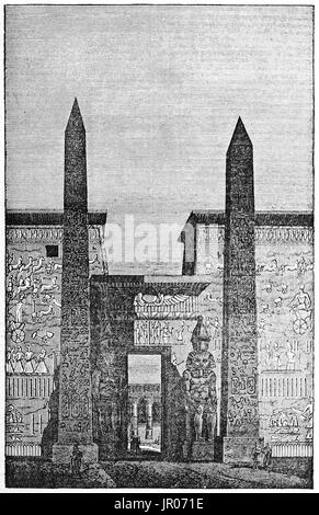 Alte Darstellung der Luxor Tempel Obelisken (bevor einer der beiden nach Paris gebracht wurde). Erstellt von Andrew, Best und Leloir, veröffentlicht am Magasin Pitto Stockfoto