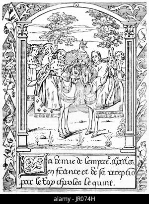 Alten Reproduktion eine Miniatur-Darstellung des Treffens zwischen König CharlesV von Frankreich und heiligen römischen Emperor Charles IV.  Nach dem 14. Jahrhundert Miniatur Stockfoto