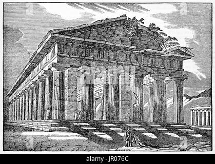 Alte Ansicht der zweite Tempel der Hera in Paestum, Süditalien (auch fälschlicherweise bekannt als Tempel des Poseidon). Von unbekannter Autor auf Magasin P veröffentlicht Stockfoto