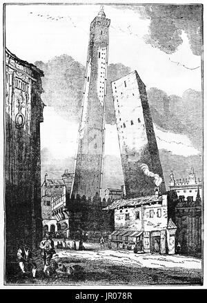 Alte Viwew aus zwei Türmen in Bologna, Italien. Von unbekannter Autor veröffentlicht am Magasin Pittoresque, Paris, 1833. Stockfoto