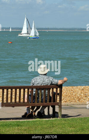 Ein älterer Mann oder ältere Mann mit seinem Hund sitzen auf einer Bank am Strand oder Meer beobachten die Segeln neben einem Bett von bunten Blumen. Stockfoto