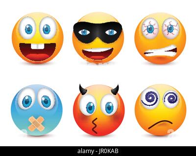 Smiley mit blauen Augen, Emoticon-Satz. Gelbes Gesicht mit Emotionen. Gesichtsausdruck. 3D realistisch Emoji. Traurig, glücklich, wütend Gesichter. Lustige Comic-Figur. Mood.Vector Abbildung. Stock Vektor