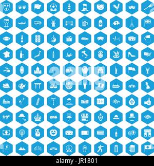 100 touristischen Attraktionen Icons set blau Stock Vektor