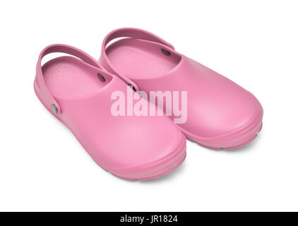 Crocs Schuhe. Ein paar rosa Clogs isoliert auf weißem Hintergrund w / Pfad Stockfoto