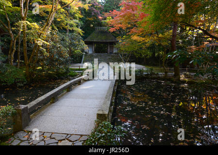 Stein Wanderweg und die Brücke über einen kleinen japanischen Teich im Herbst in Kyoto. Stockfoto