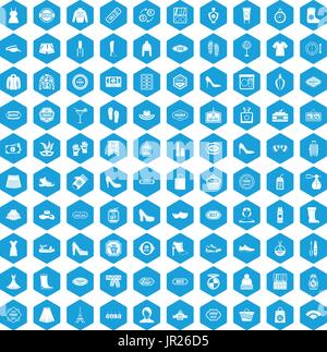 100 Frau shopping Icons set blau Stock Vektor