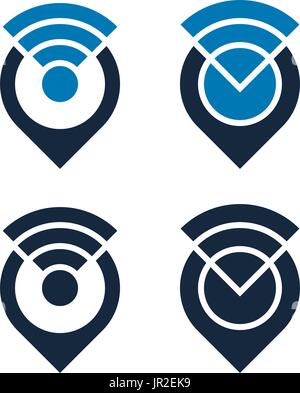 Design der Wifi Icons mit Karte Zeiger auf weißem Hintergrund. Isolierte Vektor-Illustrationen. Stock Vektor