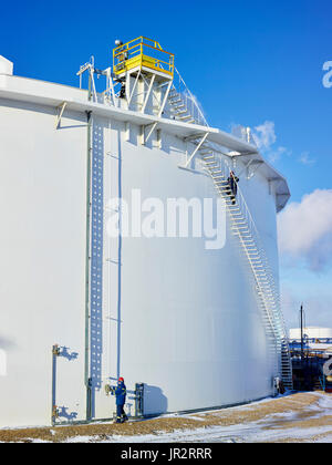 Handwerker in einem grossen, weissen Lagertank; Edmonton, Alberta, Kanada Stockfoto