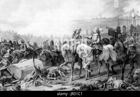 Die Schlacht bei Breitenfeld wurde an einer Kreuzung in der Nähe der ummauerten Stadt Leipzig am 17. September 1631 gekämpft. Die Schlacht dauerte mehr als sechs Stunden. Die ersten zwei Stunden bestand aus einen Austausch von Artillerie-Feuer, gefolgt von einer imperialen Angriff mit Kavallerie von beiden Flügeln an beiden Enden der protestantischen Linie. Der Kavallerie Angriff geleitet die sächsischen Truppen auf die schwedische linke Flanke. Die kaiserliche Armee führte einen Generalangriff um die freiliegenden linken Flanke zu nutzen. Die Schweden ihre zweite Linie zur Deckung die linke Flanke positioniert und zum Gegenangriff mit ihrer Kavallerie. Der Angriff auf die kaiserlichen links war led p Stockfoto