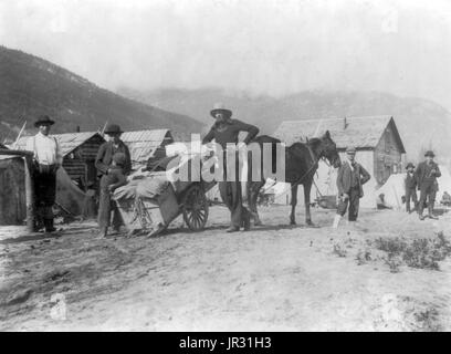 Klondike Wagen beladen mit Bestimmungen. Der Klondike-Goldrausch war eine Migration durch eine geschätzte 100.000 Goldsucher in die Region Klondike im Yukon zwischen 1896-99. Gold wurde am 16. August 1896 durch Bergleute entdeckt und als Nachricht Seattle und San Francisco erreichte, es einen Ansturm von Möchtegern Goldsucher ausgelöst. Um den Goldfeldern zu erreichen nahmen die meisten die Route durch die Häfen von Dyea und Skagway in Alaska. Hier könnte die Klondikers entweder den Chilkoot oder den White Pass wegen der Yukon River und Segeln auf dem Klondike folgen. Jeder von ihnen war erforderlich, um einen Jahresvorrat an fo bringen Stockfoto