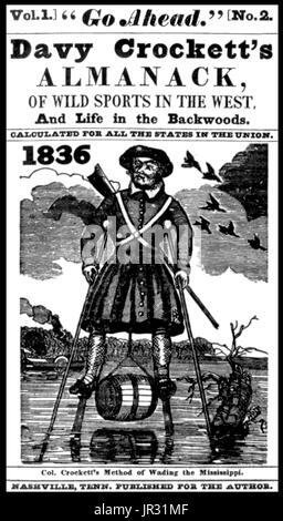 Titelseite von Crockett Almanach (1836), Bd. 1, Nr. 2, illustriert mit "Crockett es Methode der waten die Mississippi" (auf Stelzen). Davy Crockett habe nichts zu tun mit den beliebten Almanachen. In der Tat, weiß niemand, wer sie geschrieben hat. Die Nashville-Abdrücke erschienen ab 1835-41, mit den ersten vier gedruckt oder in Nashville als anderswo im Süden oder Westen und die 1839-41 Ausgaben gedruckt in Boston trotz der Nashville-Aufdruck, die wahrscheinlich gehalten wurde, um ihnen eine Aura der Authentizität zu verleihen. Von 1835-to1856 über 55 Sorten wurden in Städten im ganzen Land veröffentlicht. Stockfoto