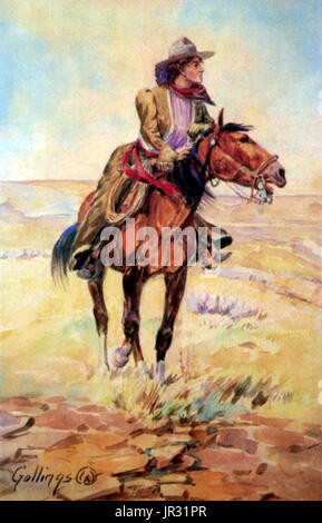 Eine Wyoming Cowgirl reitet das Angebot in diesem Aquarell von Cowboy Künstler e.w. 'Bill' Gollings. Die Geschichte der Frauen im Westen, und Frauen, die vor allem auf Rinderfarmen gearbeitet ist wie jene der Männer nicht so gut dokumentiert. Es war nicht bis zum Aufkommen des wilden Westen zeigt, die "Cowgirls" auf ihre Kosten kamen. Diese Erwachsenen Frauen waren qualifizierte Künstler, Reiten, Experte Treffsicherheit zeigen und Trick roping, das Publikum auf der ganzen Welt unterhalten. Frauen wie Annie Oakley wurden bekannte Namen. Bis zum Jahr 1900 Röcke Split für Reiten Hindurchläuft populär, und erlaubte Frauen zu konkurrieren mit den m Stockfoto