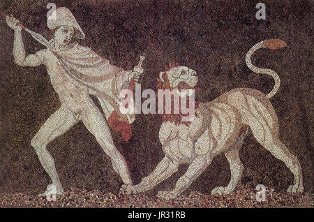 Detail des Löwen jagen Mosaik aus einem reichen Haus des späten 4. Jahrhundert v. Chr. das "Haus des Dionysos" in Pella, in Pella, der Hauptstadt des makedonischen Reiches. Alexander der große (links), trägt eine Kausia und kämpfen einen asiatischen Löwen mit seinem Freund Craterus (nicht dargestellt). Ein Mosaik ist ein Kunstwerk oder Bild aus der Ansammlung von kleinen Stücken farbigem Glas, Stein oder anderen Materialien hergestellt. Es wird häufig in der dekorativen Kunst oder als Dekoration verwendet. Die meisten Mosaiken bestehen aus kleinen, flachen, ungefähr quadratische Stücke aus Stein oder Glas in verschiedenen Farben, bekannt als Mosaiksteine. Einige, vor allem Boden mosa Stockfoto