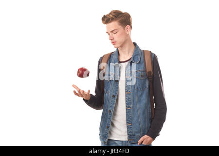 Schüler mit Apfel Stockfoto