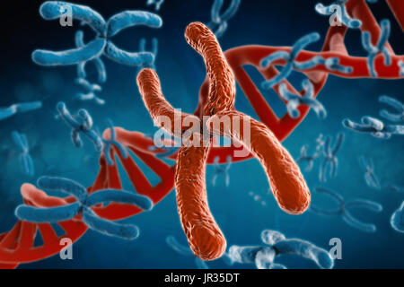 3D Rendering rote Chromosom mit Dna-Helix auf blauem Hintergrund Stockfoto