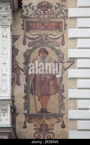 Renaissance Ehrenmann (Měšťan) in die Wandmalerei nach Entwurf von tschechischer Maler Mikoláš Aleš auf die Wiehl Haus (Wiehlův Dům) in Wenzelsplatz in Prag, Tschechische Republik dargestellt. Das Gebäude, entworfen von tschechischen Architekten Antonín Wiehl 1894-1896 erbaut wurde. Die Wandmalereien wurden von Ladislav Novák und Arnošt Hofbauer mit Hilfe von František Urban und Vilém Trsek gemalt. Text in Tschechien bedeutet: Wir sind in Ordnung, Sie sind krank. Stockfoto