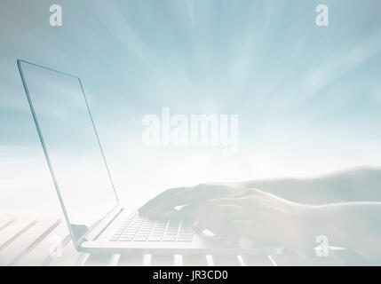 Hand Arbeit mit Computer Notebook Doppelbelichtung erschossen Stockfoto