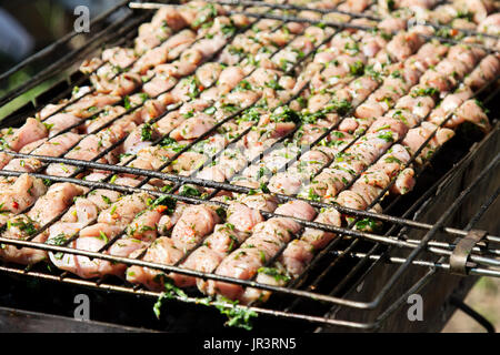 Rohem Hühnerfleisch mit grünen, Tierpräparate für Grill im Freien. Stockfoto